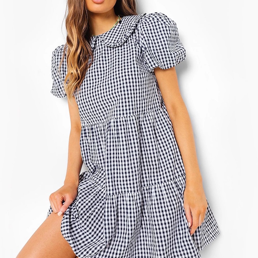 Boohoo Gingham Collared Puff Sleeve Smock Dress